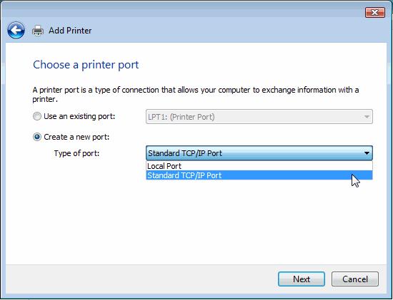 TCP/IP Printing for Windows Vista Select the second option, Create a new port, and