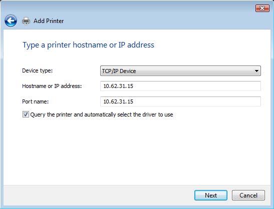TCP/IP Printing for Windows Vista In the Hostname or IP address field, type the IP address of the MFP server (e.g. 10.62.31.