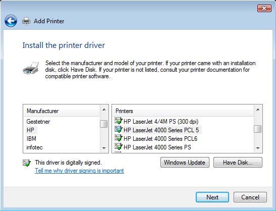 TCP/IP Printing for Windows Vista In the next screen highlight the printer you wish to add.
