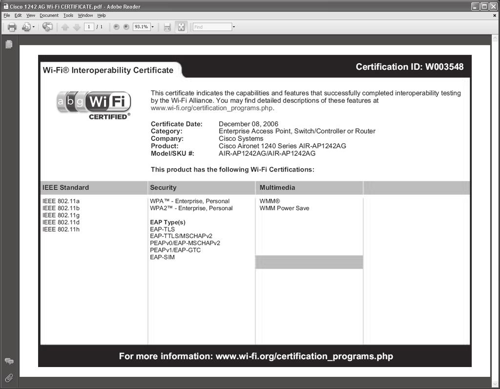 50 Chapter 2 Wireless LAN Standards and Topologies FIGURE 2-1 Wi-Fi certificate for Cisco 1240 AP 802.