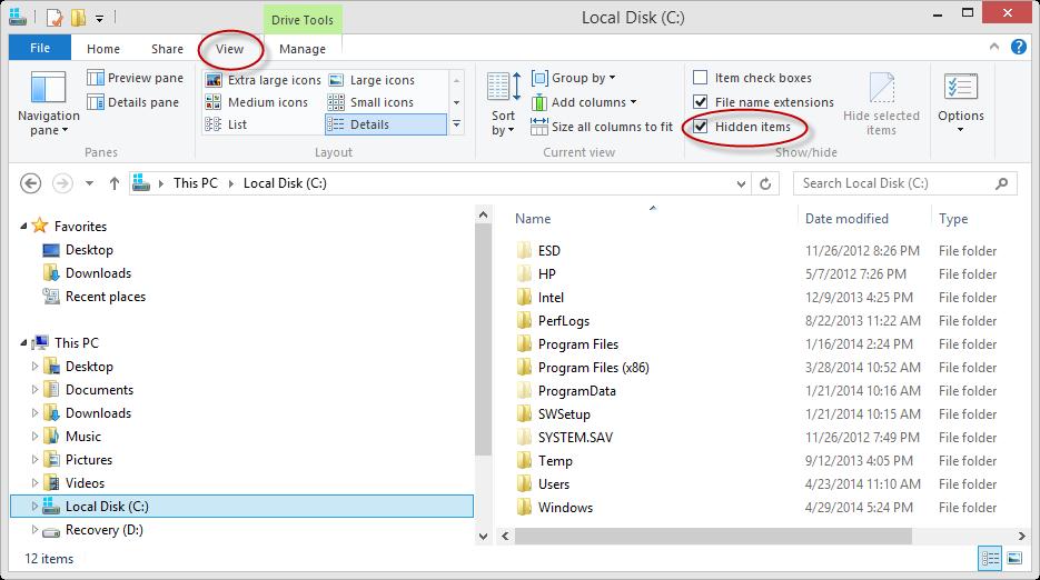 On Windows 8, Windows 10: Using the File Explorer, navigate to your PC s C Drive. On the toolbar at the top of the window, click on the View tab, and tick off the box beside Hidden items.