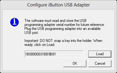 3. Click Load. 4. The serial number of the USB adapter will appear as shown below. Each USB adapter has a unique serial number. If you change adapters, you will need to repeat this step. 5. Click OK.