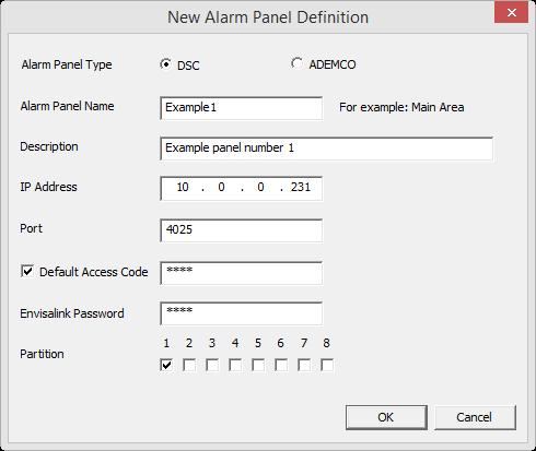 To add a new alarm panel, click New while in the Alarm Panel View. The New Alarm Panel Definition window will appear.