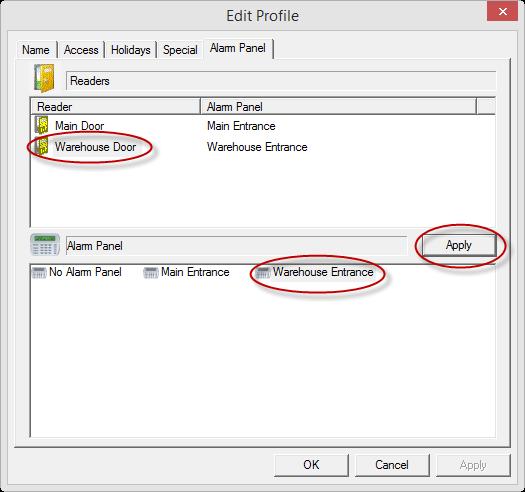 ASSIGNING READERS AND ALARM PANELS On the Alarm Panel tab of the Profile window, we can assign which readers can disarm which alarm panels.