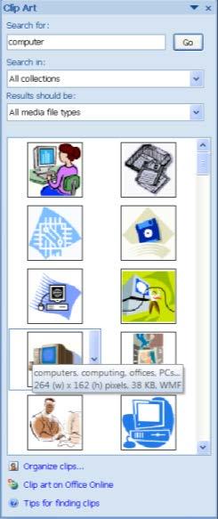 Click the ClipArt command in the Illustrations group. The Clip Art Task Pane opens.