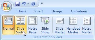 Using Different Views SLIDE SORTER VIEW Slide Sorter view displays all the slides in a presentation, scaled to view and complete with text, colours, and graphics.
