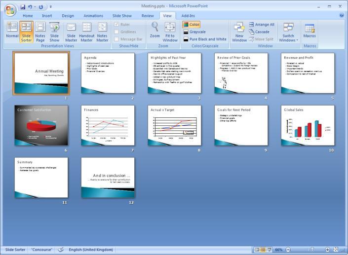 Although you cannot edit the contents of a slide in Slide Sorter view, you can evaluate the presentation for its overall appearance and visual impact.