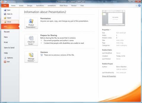File tab (PowerPoint 2010) and click the Exit button.