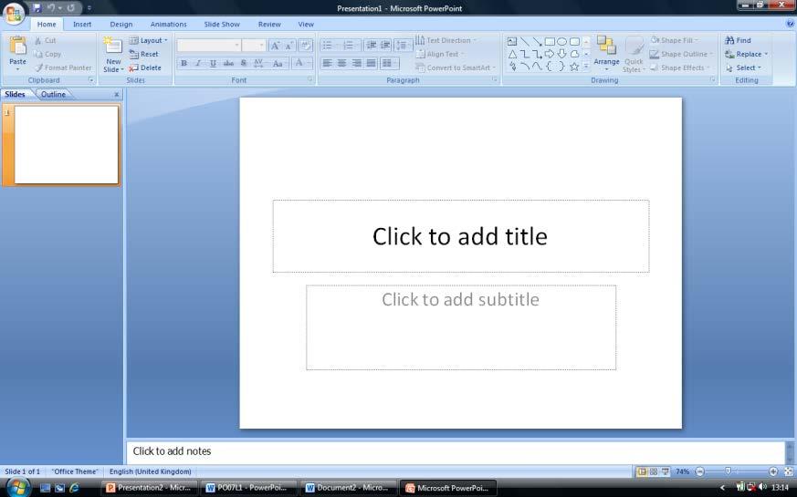 Basic Presentation Skills INTRODUCTION When you open PowerPoint a blank presentation containing the first slide, a Title Slide, appears in the application window.