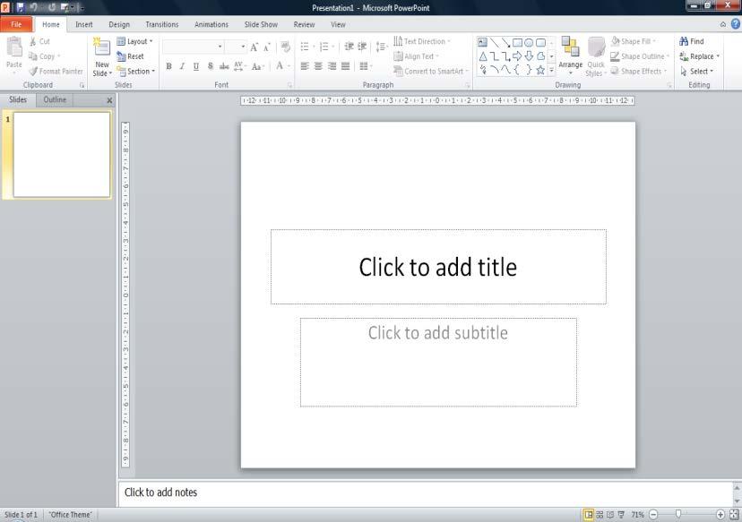 Microsoft Office Button Quick Access Toolbar Ribbon Tabs Help Button Ribbon Ribbon Groups Slide & Outline View tabs Status Bar View Buttons PowerPoint 2007 Application