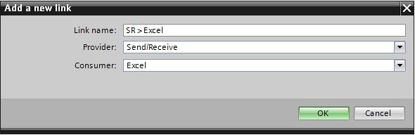 Creating SR > Excel link In the Add new link dialog, enter a unique name for the link to be created, e.g. SR > Excel. (1) Select Send/Receive as provider in the provider field.