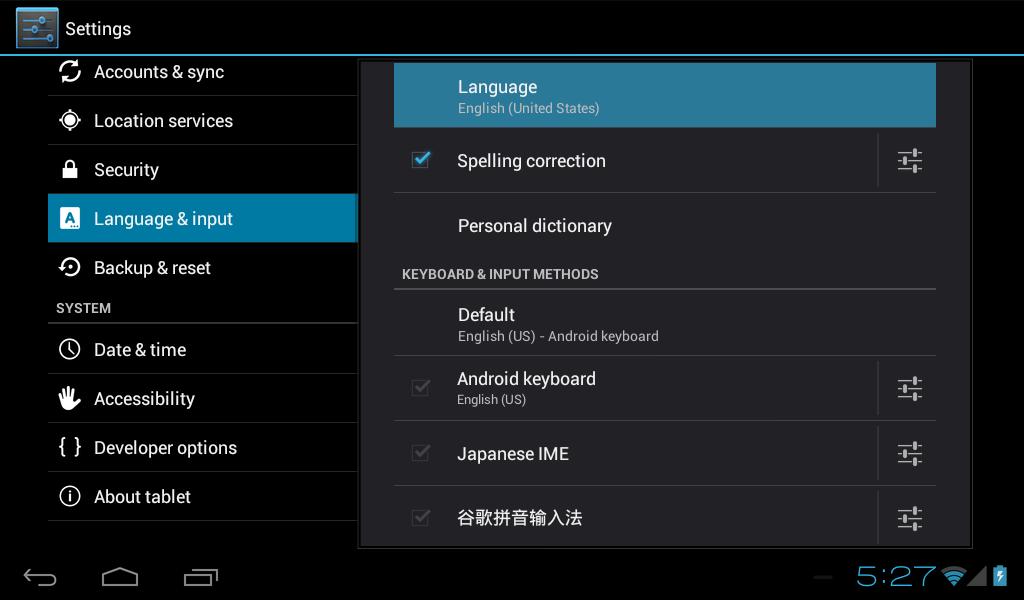 When selecting the option Language & input the contents will be displayed in the right pane. Now open the option Language and choose a language for your tablet to operate in.