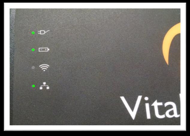 VitalsBridge is not running o solid: VitalsBridge is on, battery charge > 15% o flashing every 1 second: unit is running on low battery charge < 15% - WLAN or LAN: o no light: not connected to router