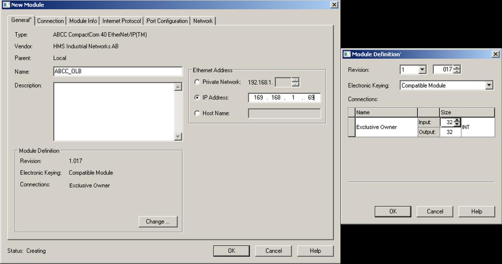 EtherNet/IP Diagnostics 15 (24) The module definition window will now appear, in which the type of connection, the size and data type for the