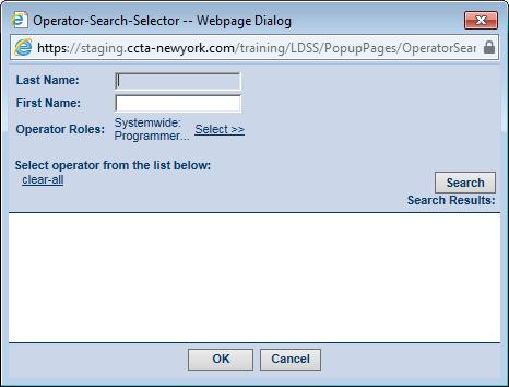 The Operator-Search-Selector -- Webpage Dialog box redisplays with the list of CCTA operators, as shown on the next page.