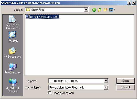 PowerVision Menu To Restore Stock Files to the Power Vision 1 Select PowerVision >Restore Stock Files to PV or click the Restore STK button.