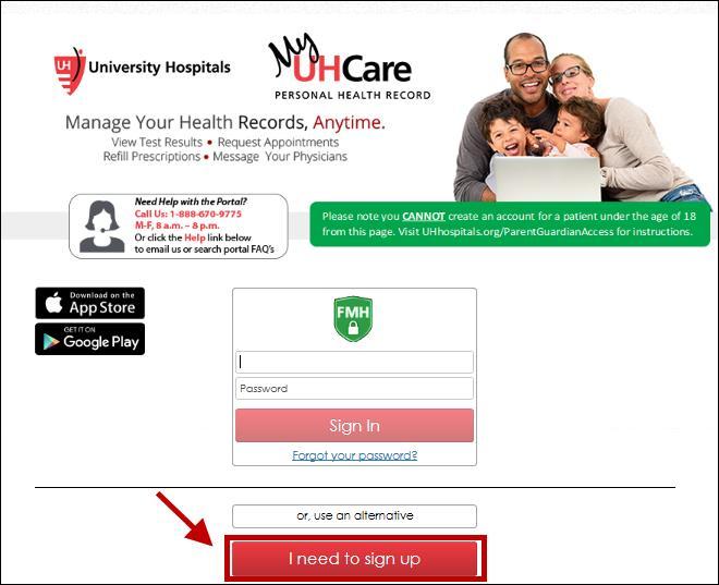 At the bottom of the screen, select the I need to sign up button. Note: The MyUHCare PHR is powered by FollowMyHealth.