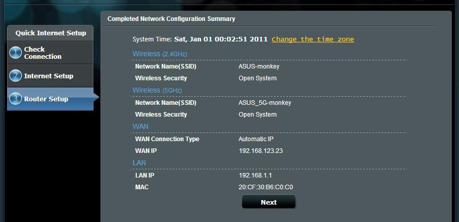 4. Your Internet and wireless settings are displayed.
