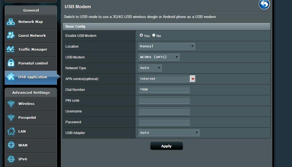 3.5.3 3G/4G 3G/4G USB modems can be connected to TM-AC1900 to allow Internet access. NOTE: For a list of verified USB modems, please visit: http://event.asus.