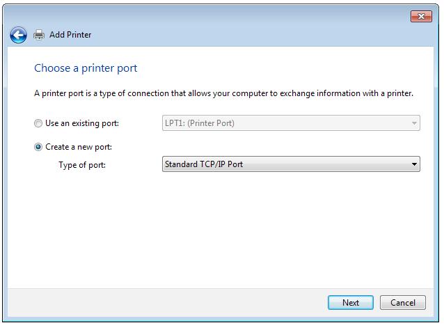 3. Select Create a new port then set Type of