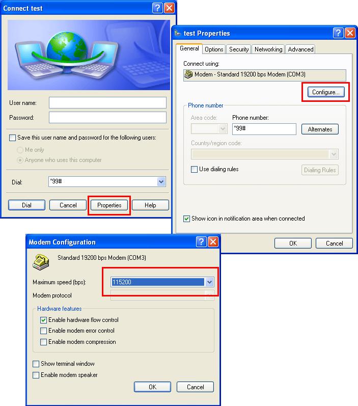 5.3.3. Configure the Dial-up Tool Click Properties button from the popup window. Then click Configure button to configure the Standard 19200 bps Modem.