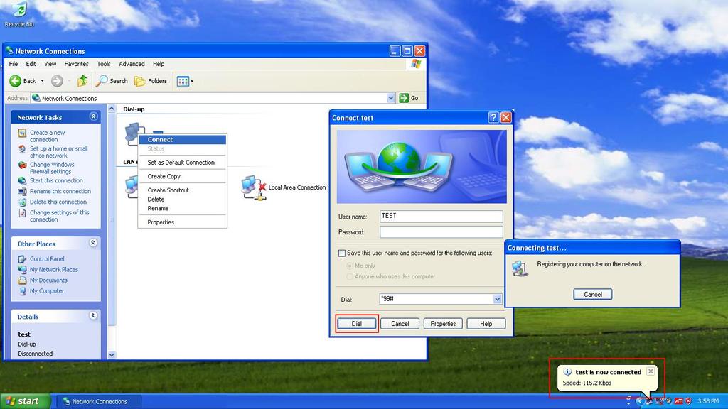 5.3.4. Establish the Dial-up Connection Right click test which was created as the new connection and then click Connect Dial from network connections.