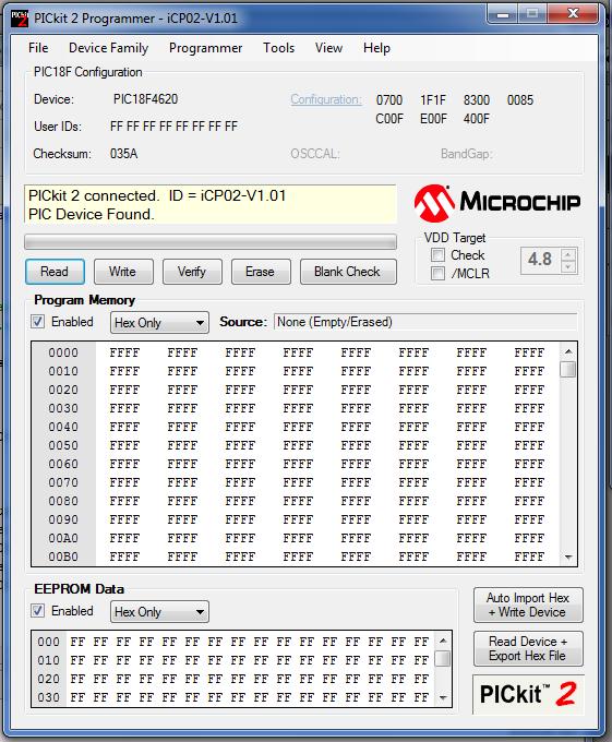 Launch the Microchip PicKit2 programming software. Your screen should look like this.