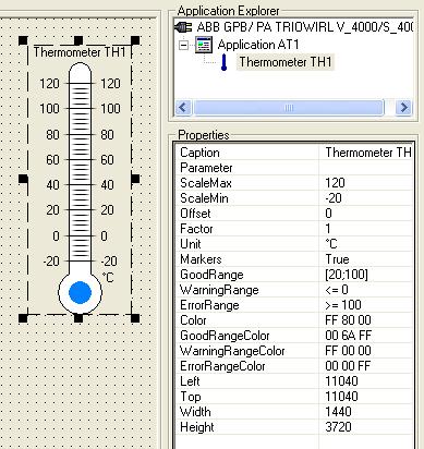 Section 3 PROFIBUS DTM Builder Toolbox Area Thermometer Control Thermometer Control allows to visualize measured value in a graphical way. It is for numeric data types only.