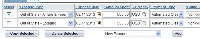 ) To delete particular lines on an expense report, click in the box to the left of the expense line(s) that requires deletion, which is in the column marked Select, and press the Delete Selected