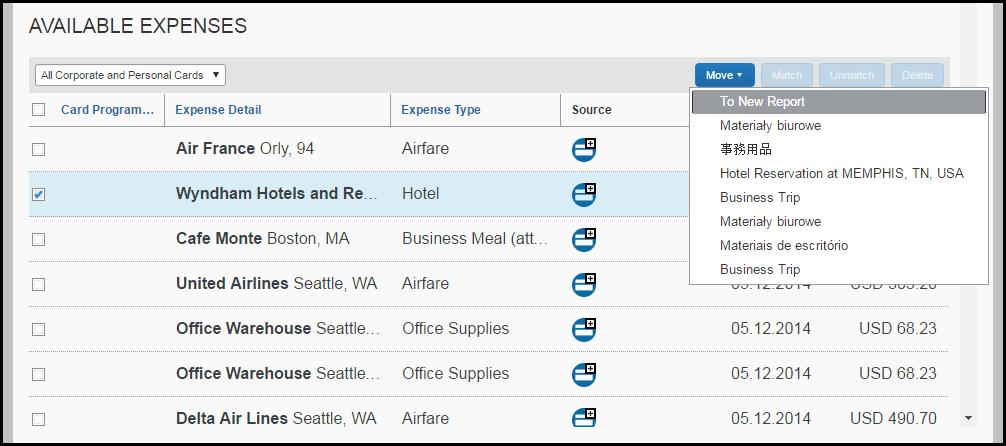 From the Available Expenses section You can access the Available Expenses section in these ways: On the home page, on the Quick Task Bar, click the Available Expenses task.