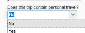 Step 18: For Does this trip contain personal travel? dropdown, click on No.