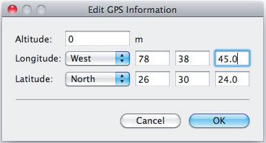 If you prefer, you can leave some of the fields blank. To add geotagging (GPS) information Select Altitude, Latitude, or Longitude and click its current value.