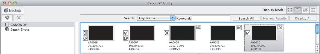 Checking Clips Clip List View When you select a CF card or a virtual media in the media panel (), a list of all the clips