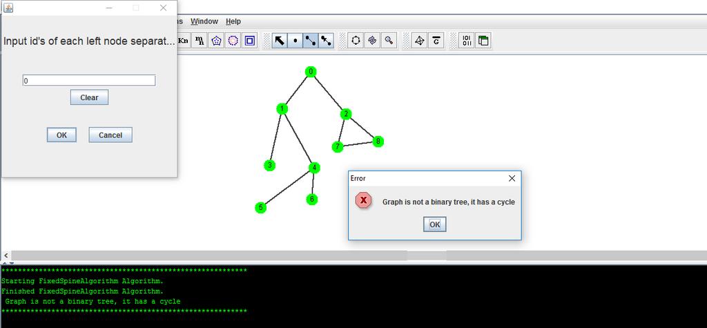 If the graph is not a binary tree because it has a cycle, an error message is displayed as shown in