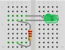 4. Connect the LED: Plug in the resistor Plug the resistor into the breadboard so that one of its pins is in the same row as the