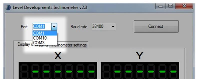 By default the inclinometers baud rate setting is 38400(bps), ensure this is selected and click on Connect.