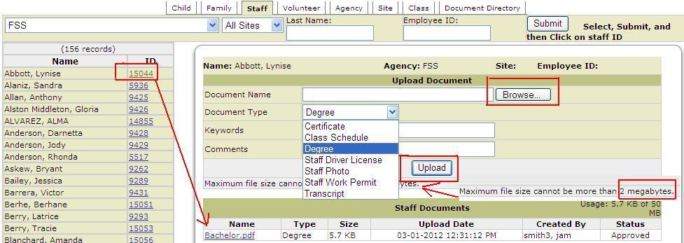 Upload Documents to edocs On the edocs page, click on the desired entity s subtab: Staff, the screen below will load on the page. All documents will be uploaded and assigned to this entity. 1.