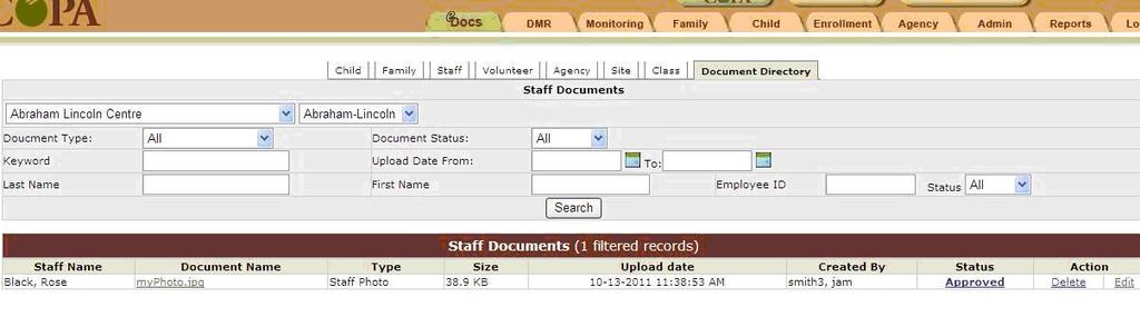 Select the filters and click on the Search button, the listed documents will be filtered by