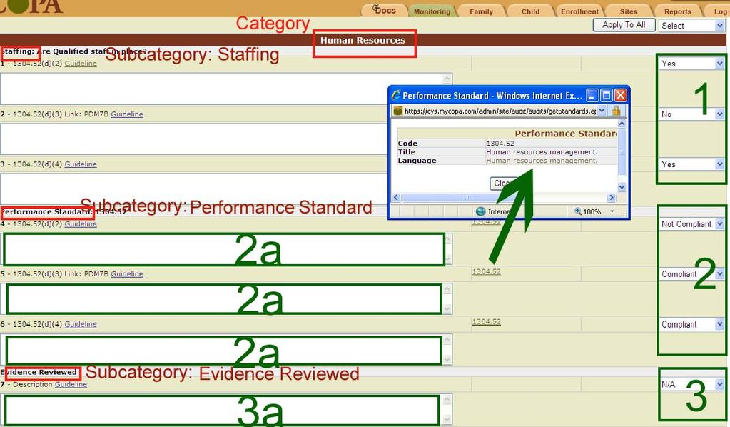 2. To begin entering self assessment report information, click on the Link called 2013 Self Assess (a) in the Green Rectangle (Image 5).