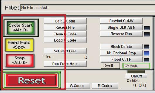 Software operation After the program is loaded, click Cycle Start and the program starts running;click Feed Hold and program pause; Click Reset and software emergency stop. 5.