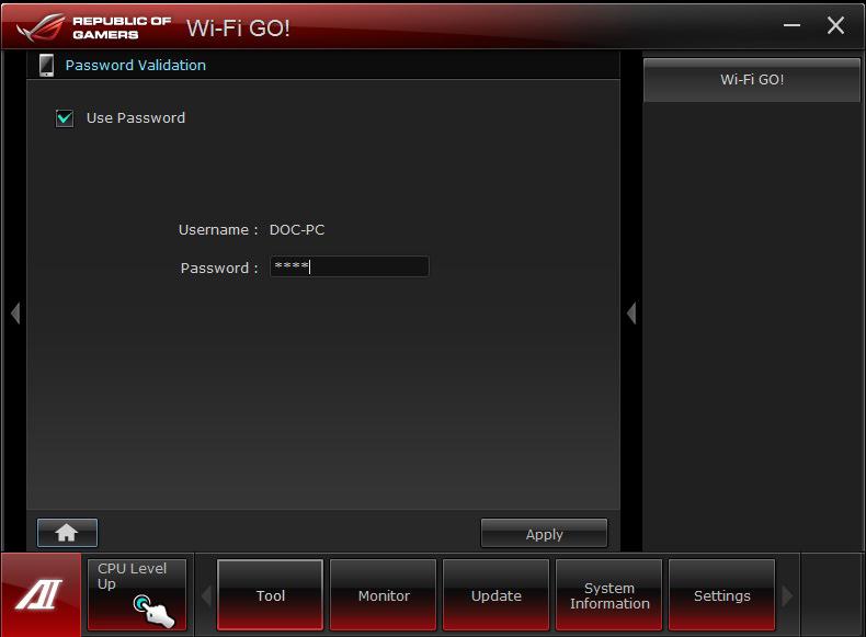 Securing your computer for Wi-Fi GO! Remote functions Wi-Fi GO! Settings allows you to create a password for your computer. To create a password:. Click in the main menu. 2. 3.