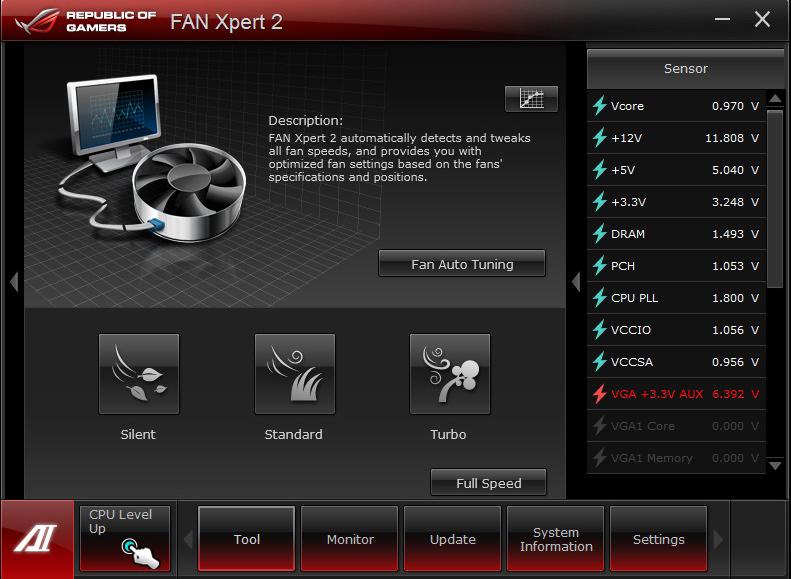 Select any of these fan customized settings for each fan. Silent: Minimized fan speed for silent fan operation.
