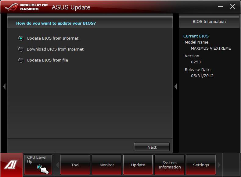 ASUS Update ASUS Update is a utility that allows you to manage, save, and update the motherboard BIOS in Windows environment.