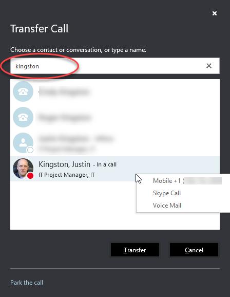 To send a current call to another Skype user or external party, click on the Transfer icon in the active call screen.