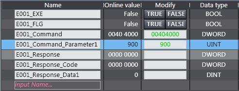 The value in the Modify Column is displayed in green. 6 Then, the online value of E001_Command changes to 0040 4000.