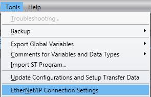 7.3.2. Target Device Registration Register the target device. 1 Select EtherNet/IP Connection Settings from the Tools Menu.