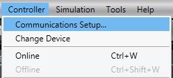 7 Select Communications Setup from the Controller Menu. 8 The Communications Setup Dialog Box is displayed.