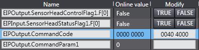 5 Enter 0040 4000 for EIPOutput.CommandCode in the Modify Column. 0040 4000 is displayed for EIPOutput.CommandCode in the Online value Column.
