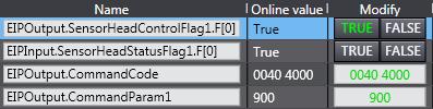 *The system data number 900 (Number of digits displayed past decimal point) is set. Check that the online value of EIPInput.SensorHeadStatusFlag1.F [0] is False. Click TRUE for EIPOutput.