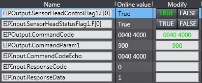 When the command execution is complete, True is displayed for EIPInput.SensorHeadStatusFlag1.F [0] in the Online value Column.